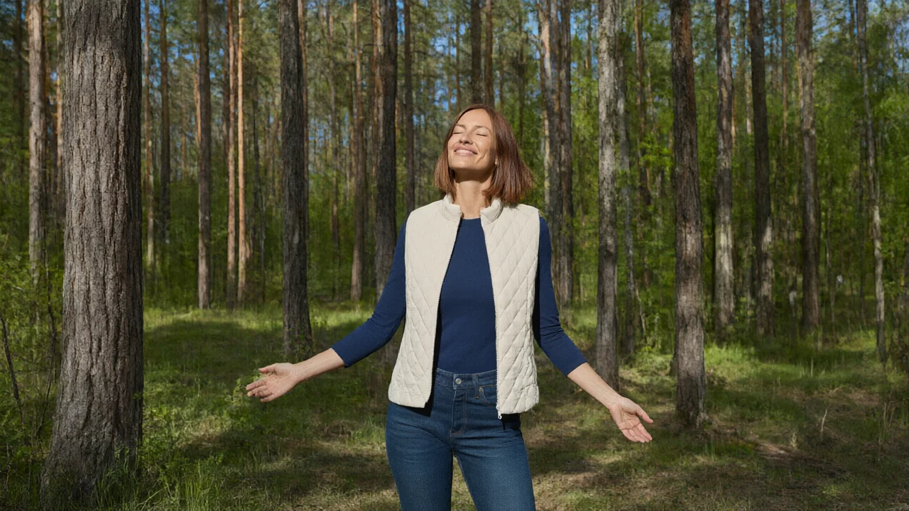 Die Autorin steht mit geschlossenen Augen auf einer sonnigen Waldlichtung und atmet tief durch.