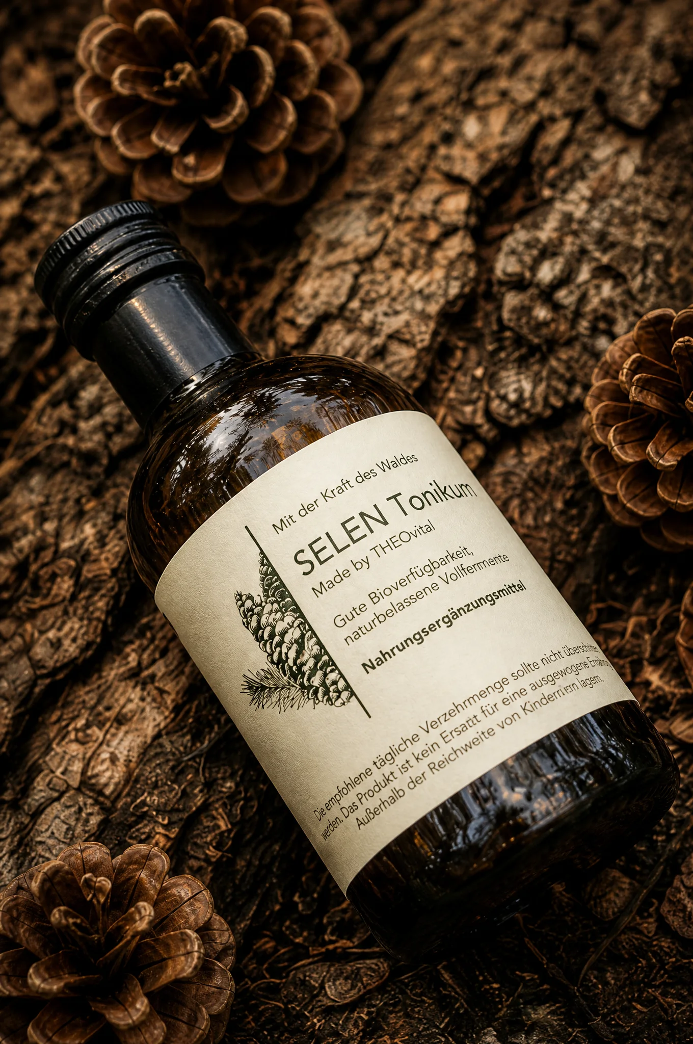 Das SELEN Tonikum in der Braunglasflasche im Wald.